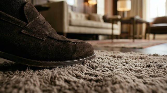 Close-up of a brown suede loafer stepping onto a plush shaggy carpet