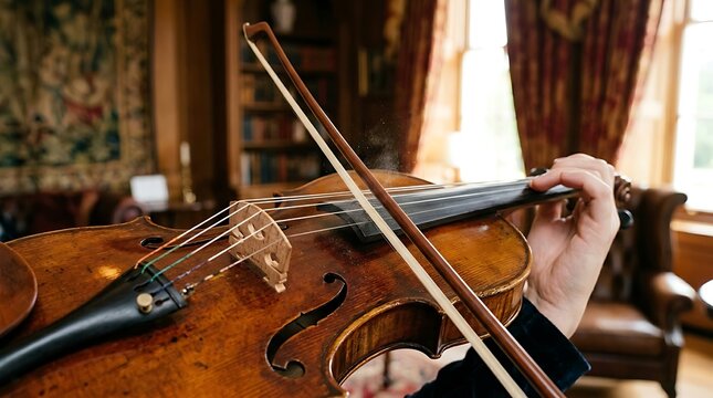 Close-up of a violin bow drawing across the strings in a warm, classical room