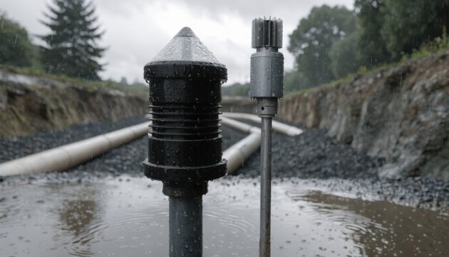 Medium framing on retrofit leachate collection trench emphasizing focused aboveground sensors for flow and quality monitoring contrasted by unfocused underground piping and