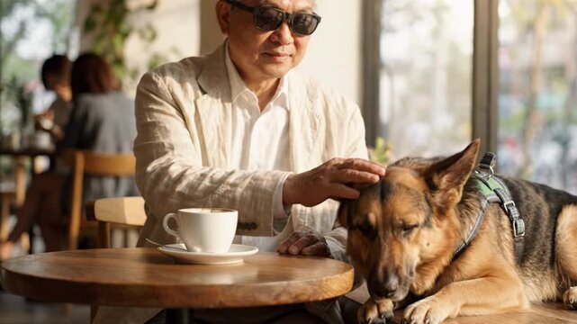 Blind Person Sitting at Cafe Table with Guide Dog in Calm Atmosphere