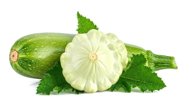 Still life composition with two types of fresh, green gourds and leafy accents against a stark white background