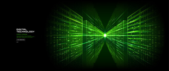 Plakat Abstract green data center background with glowing digital server room, futuristic tech network and ai technology concept. Bright light streams, modern data flow and high-tech abstract illustration.