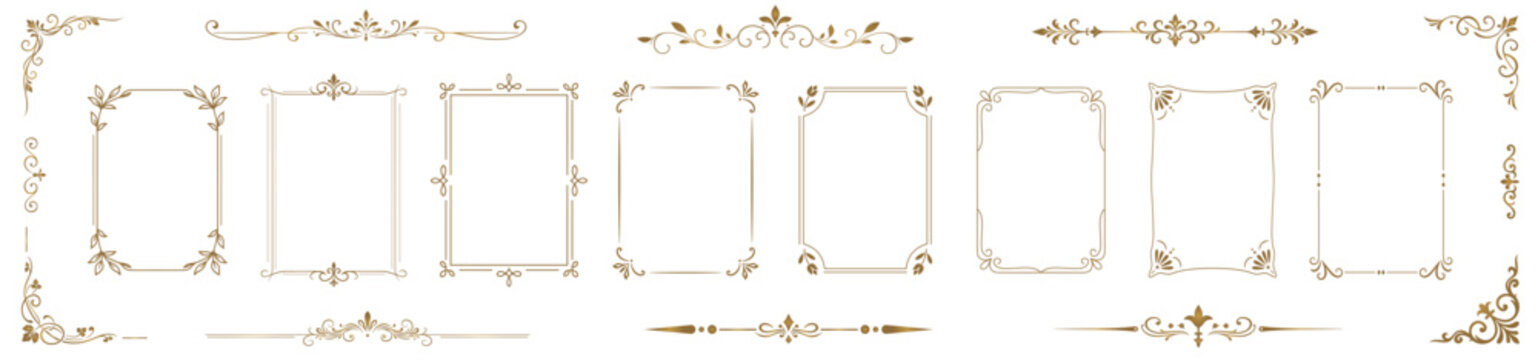 Luxury vintage golden decorative frames and ornamental dividers collection, elegant floral borders isolated on white background for premium invitations design.