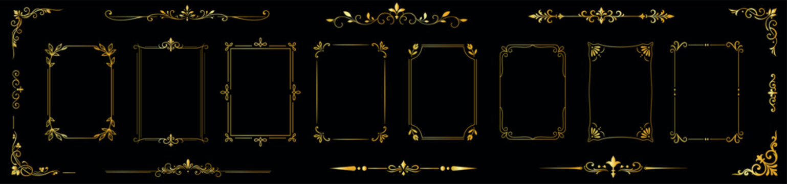 Premium golden ornamental frames on black background, elegant vintage luxury borders and decorative dividers for sophisticated branding and invitations.