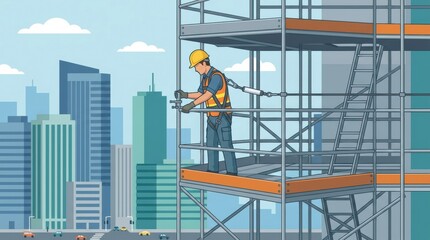 Naklejka premium Construction worker uses tools while standing on scaffolding overlooking a city. The scene shows modern buildings and urban life.