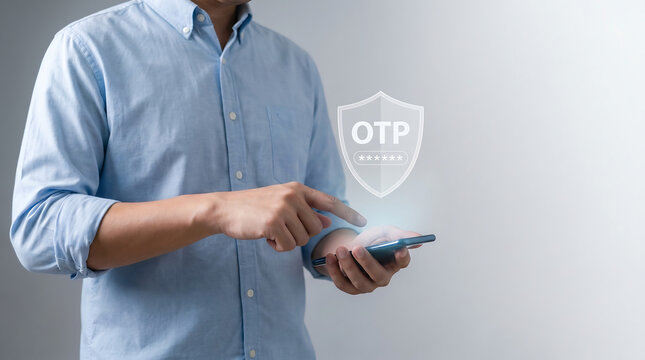 Man in blue shirt using smartphone with OTP security shield icon