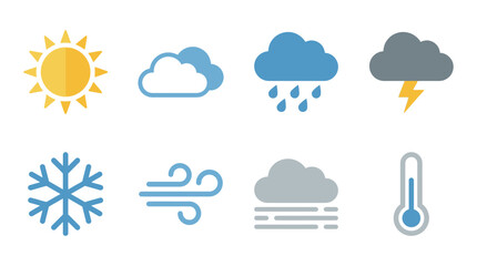 Obraz premium Weather Icons Set: Sun, Clouds, Rain, Storm, Snowflake, Wind, Fog, Thermometer