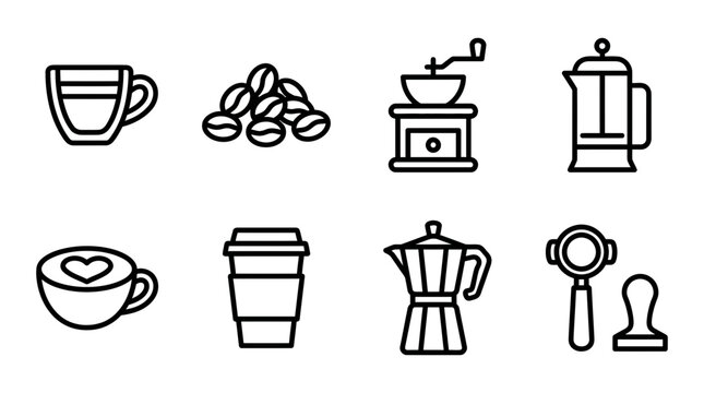 Coffee Icons: Cup, Beans, Grinder, French Press, Moka Pot, Tamper, Takeaway Cup