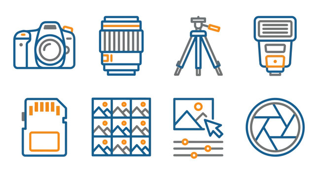 Photography Icons: Camera, Lens, Tripod, Flash, SD Card, Gallery, Editing, Aperture