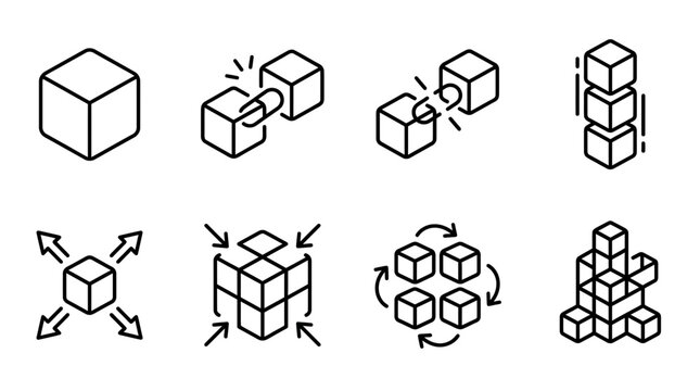 Cube Icons: Building Blocks, Connection, Disconnection, Stack, Expansion, Compression, Rotation