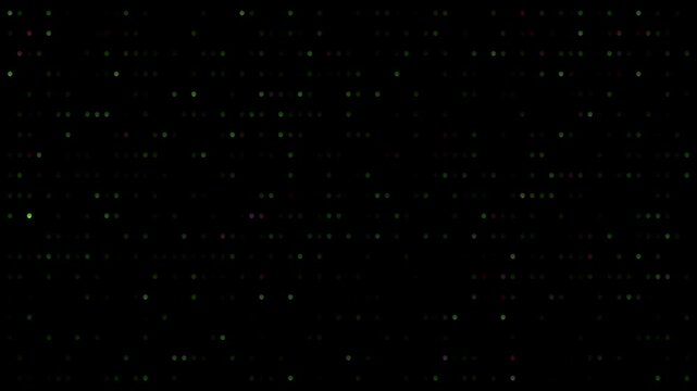 Minimalist abstract background featuring rows of blinking green dots on a black field. Ideal for representing data, code, or digital matrix
