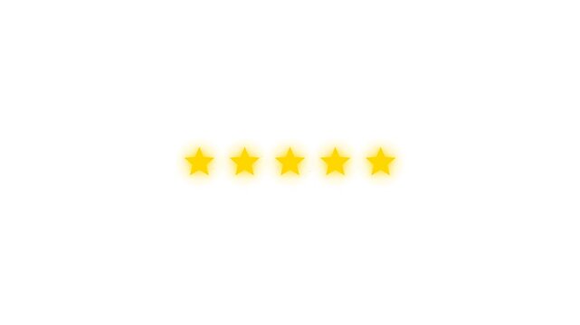 Five Gold Stars Rating Animation with Sparks on White Background