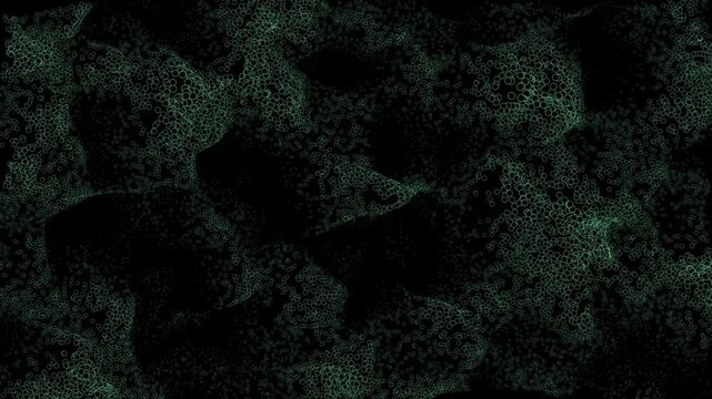 Abstract animation of a dense moving mass of green wireframe circles. Fluid particle noise background resembling organic structures or biological cells