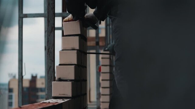 Worker laying facing bricks on building facade close up
