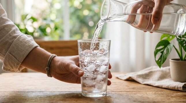 Pouring cold water with ice into a tall glass on a wooden table