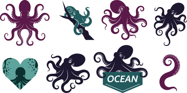 Vector set of octopus illustrations in various poses and styles including curled tentacles, heart shape, and ocean emblem for marine and digital design