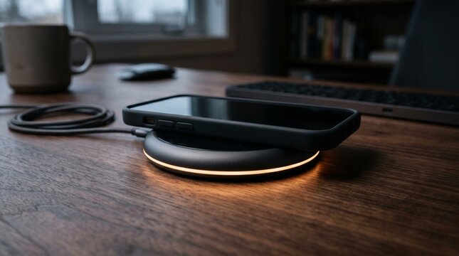 Smartphone charging on a glowing wireless pad on a wooden desk