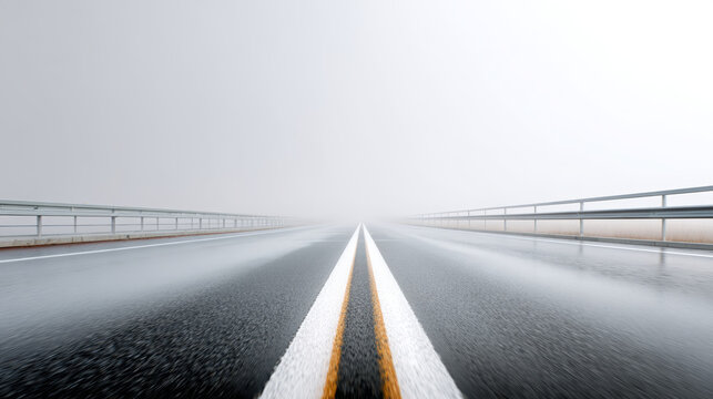 Wet asphalt road extending into dense fog with guardrails creating a leading perspective, symbolizing uncertainty, a journey, and the unknown future