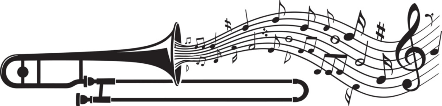 Trombone playing music notes emanating from the bell in a black and white illustration