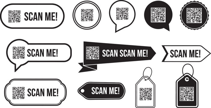 QR code scan me buttons and tags in various shapes and styles Collection .