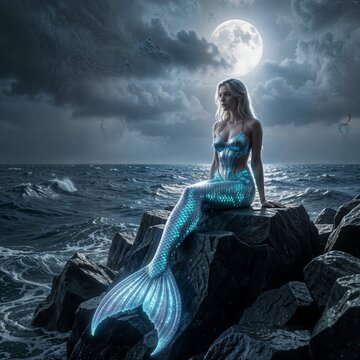 A lone, ethereal mermaid with bioluminescent scales sits on a jagged, moonlit rock, gazing out at a stormy sea