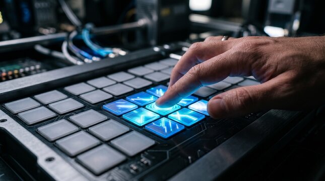 Close-up of a finger pressing illuminated electronic music production pads