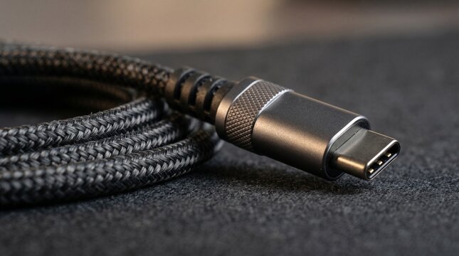 Close-up macro shot of a braided USB-C cable connector on a dark textured surface
