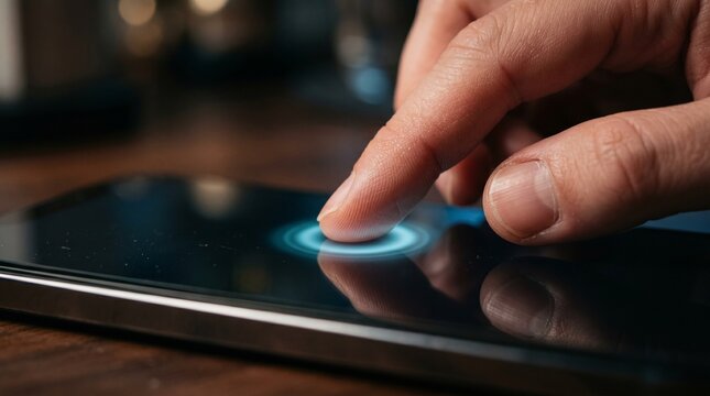 Close-up of a finger touching a glowing digital interface on a smartphone screen
