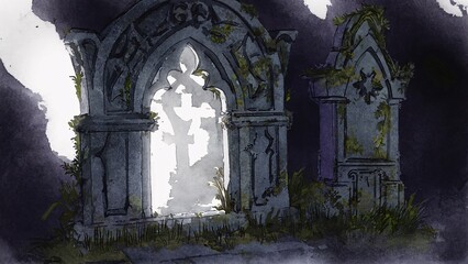 Fototapeta premium Cemetery with tombstones and crosses isolated on white background for halloween advertising