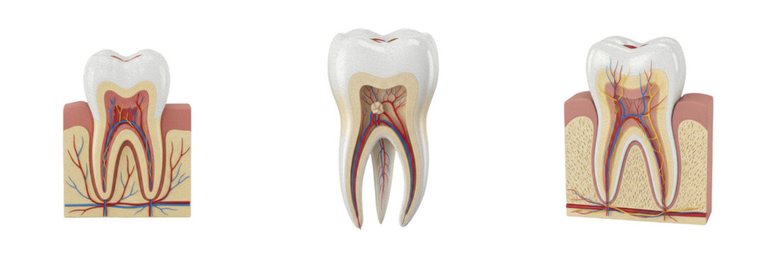 Human Tooth Cross Section Anatomical Models, Dental Molar Structure with Gums and Roots, Medical Education Clipart PNG Elements Isolated on White Background for Dentist