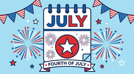 Fototapeta premium Fourth of July celebration banner with fireworks, stars and stripes, festive summer holiday design