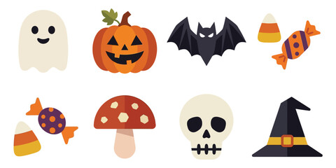 Obraz premium Halloween icons set with ghost, pumpkin, bat, candy, skull and witch hat in flat design illustration