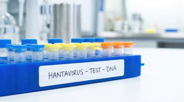 laboratory rack with colorful microcentrifuge tubes and front label in sharp focus,A prominent white adhesive label on the front of the rack features the handwritten text "HANTAVIRUS - TEST - DNA"