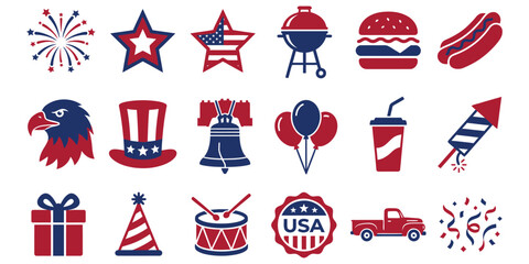 Obraz premium Colorful 4th of July Vector Icons Set with Fireworks, Flags and Patriotic Decorations