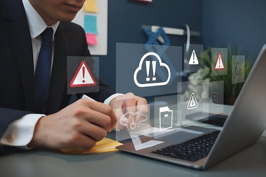 Office working on laptop with floating digital cloud warning and error alerts for data storage and system security issues