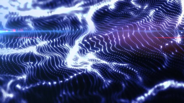 Blue futuristic particle mesh with glowing dotted waves and luminous depth, illustrating data flow, motion, and digital connectivity