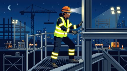 Fototapeta premium A worker is at a construction site at night. The person uses a wrench on scaffolding while lights illuminate the background.