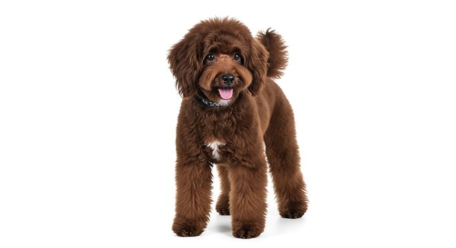 Adorable brown poodle mix dog standing on a white background with a happy expression