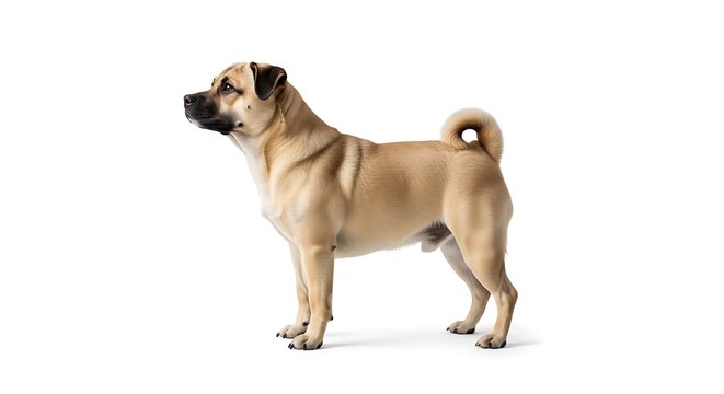 A fawn-colored pug mix dog stands alertly on a white background, profile view