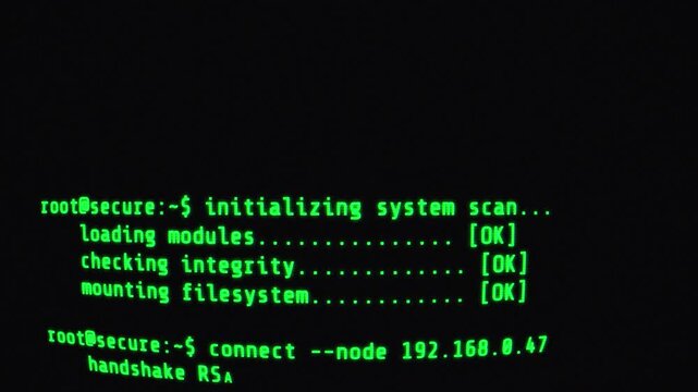 Green monospace text typing on black screen, simulating terminal commands, system scan, and cybersecurity operations. CRT scanline overlay included.