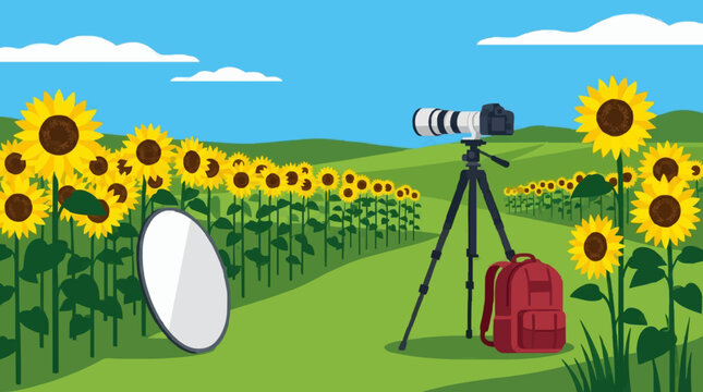 Photography setup in a sunflower field with camera tripod and