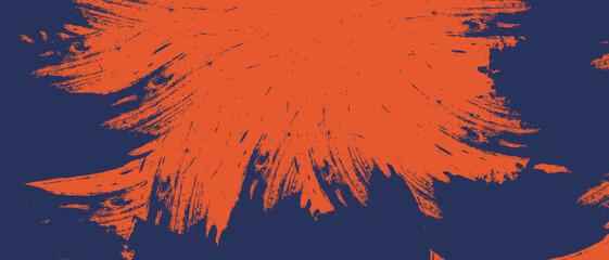 Abstarct Grunge Brush Background. Vibrant orange paint splatter on dark blue background. © khaerul