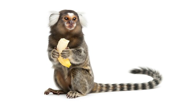 Small marmoset monkey sitting and holding a piece of banana against a white background