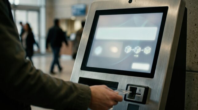 Focused closeup of a payment kiosk interface displaying secure blockchain transactions for municipal fees while the user and background remain softly out of focus.