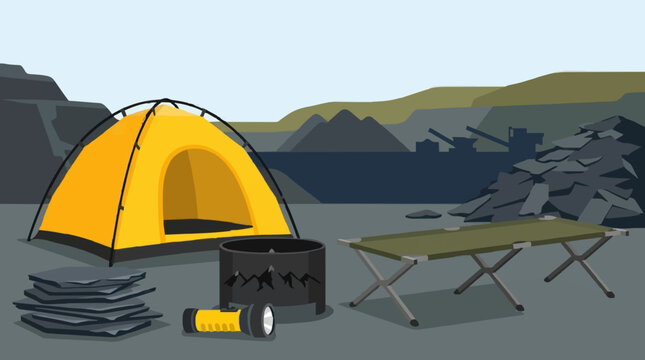 Camping gear outdoor adventure yellow tent campfire cot