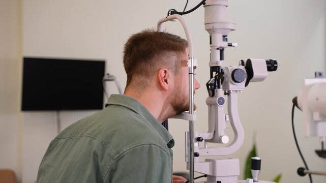 Male patient undergoing eye exam with slit lamp