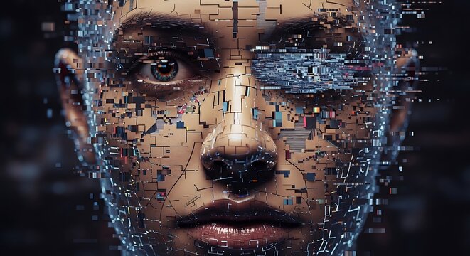 Close-up of a human face dissolving into digital pixels and circuits