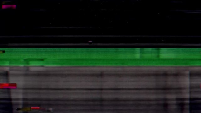 Analog TV scanline distortion with VHS retro glitch interference, colorful signal corruption, and cyber digital noise background effect
