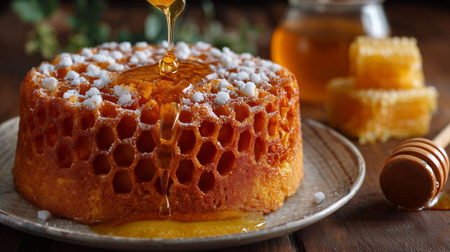 Golden honey pouring onto a round honeycomb pattern cake decorated with sugar crystals on a plate