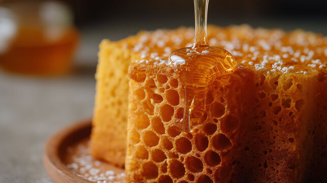 Golden honey dripping down the side of a porous sponge cake texture close up shot